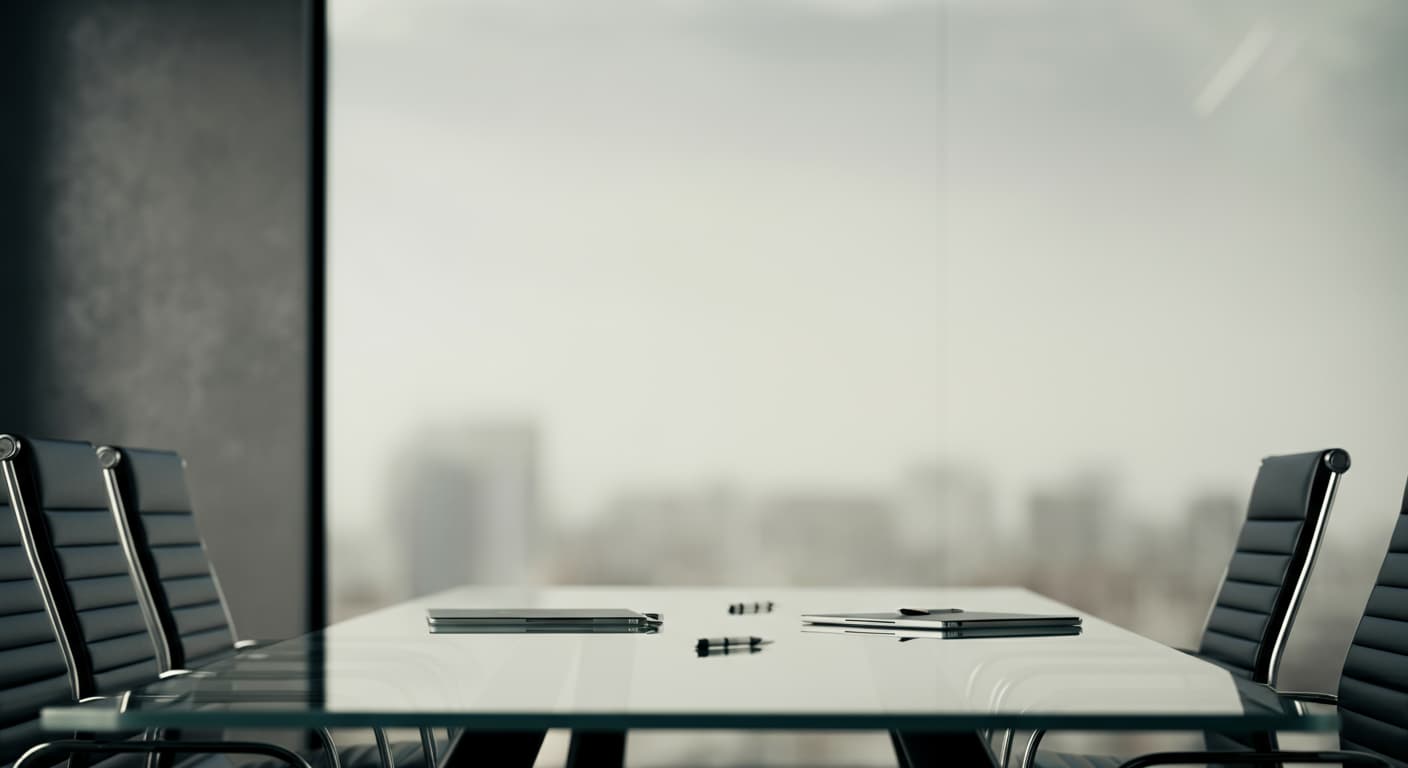 An empty boardroom table with laptops, overlooking a city